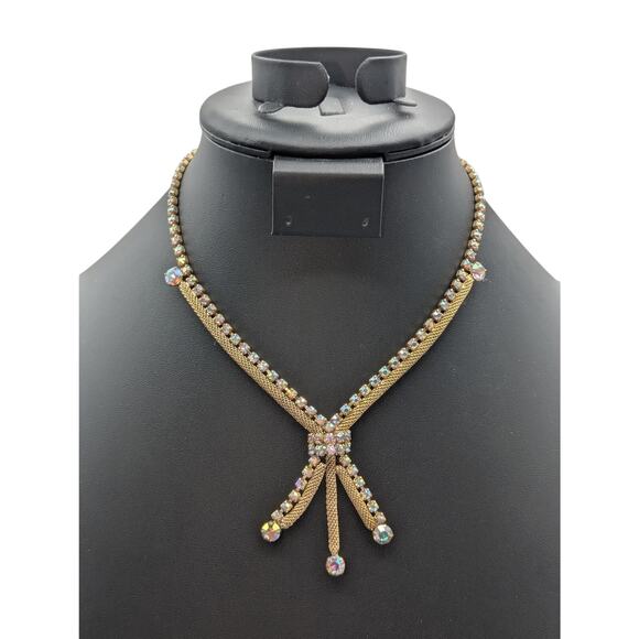 Vintage Aurora Borealis Rhinestone Gold Tone Mesh Tassel 15" Necklace - Picture 7 of 7